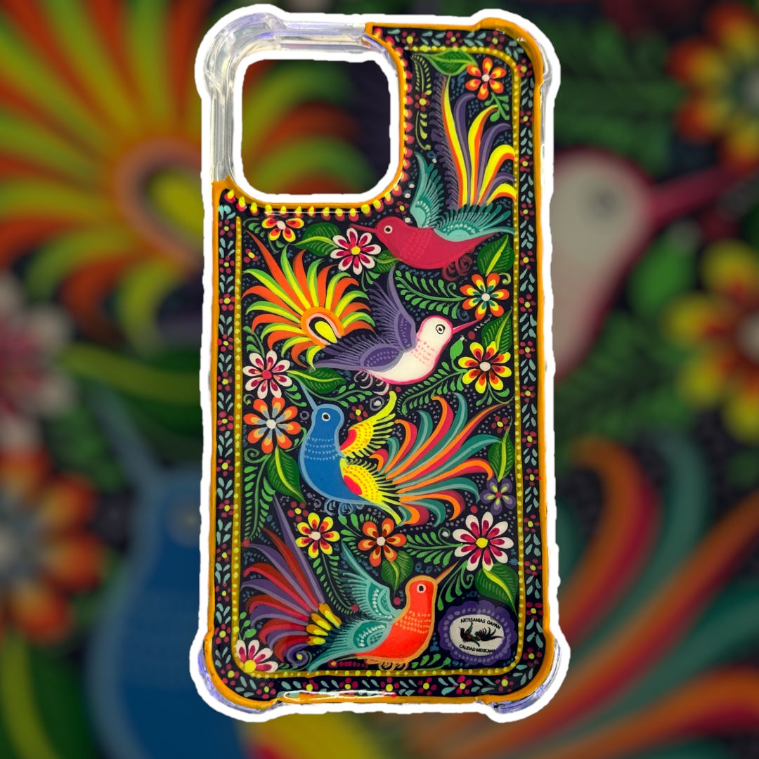 Colibríes coloridas con borde amarillo funda para iPhone