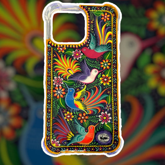 Colibríes coloridas con borde amarillo funda para iPhone