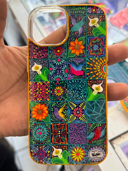 Diseño estilo Talavera colorida en fondo azul para iPhone