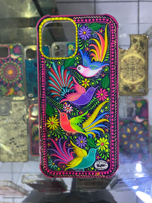 colibríes coloridos con borde rosa para iPhone